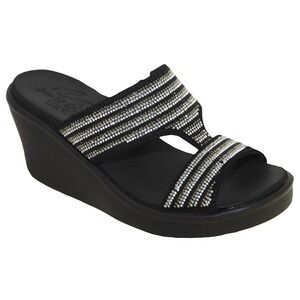 Skechers Rumble On Bling Gal Wedge Sandals Women's Black Embellished Slip-On - 7